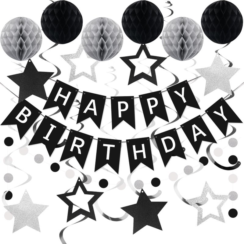 meowtastic Birthday Decorations  Happy Birthday Banner with Honeycomb Balls  Star Hanging Swirl Streamer  Circle Dot Garland  Happy Birthday Party Decoration for Women Men Boys Girls (Black & Silver) - Image 1